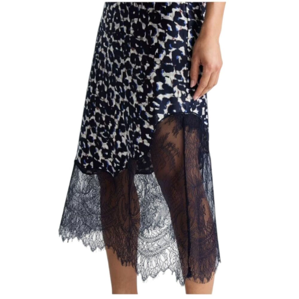 Navy Animal Print Lace Hem Midi Skirt Women's Size Small Elegant Pull-On